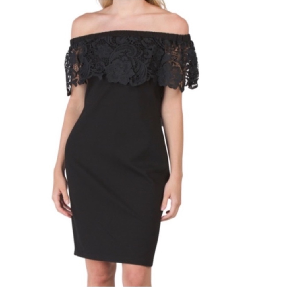 Off-Shoulder Black Lace Overlay Dress